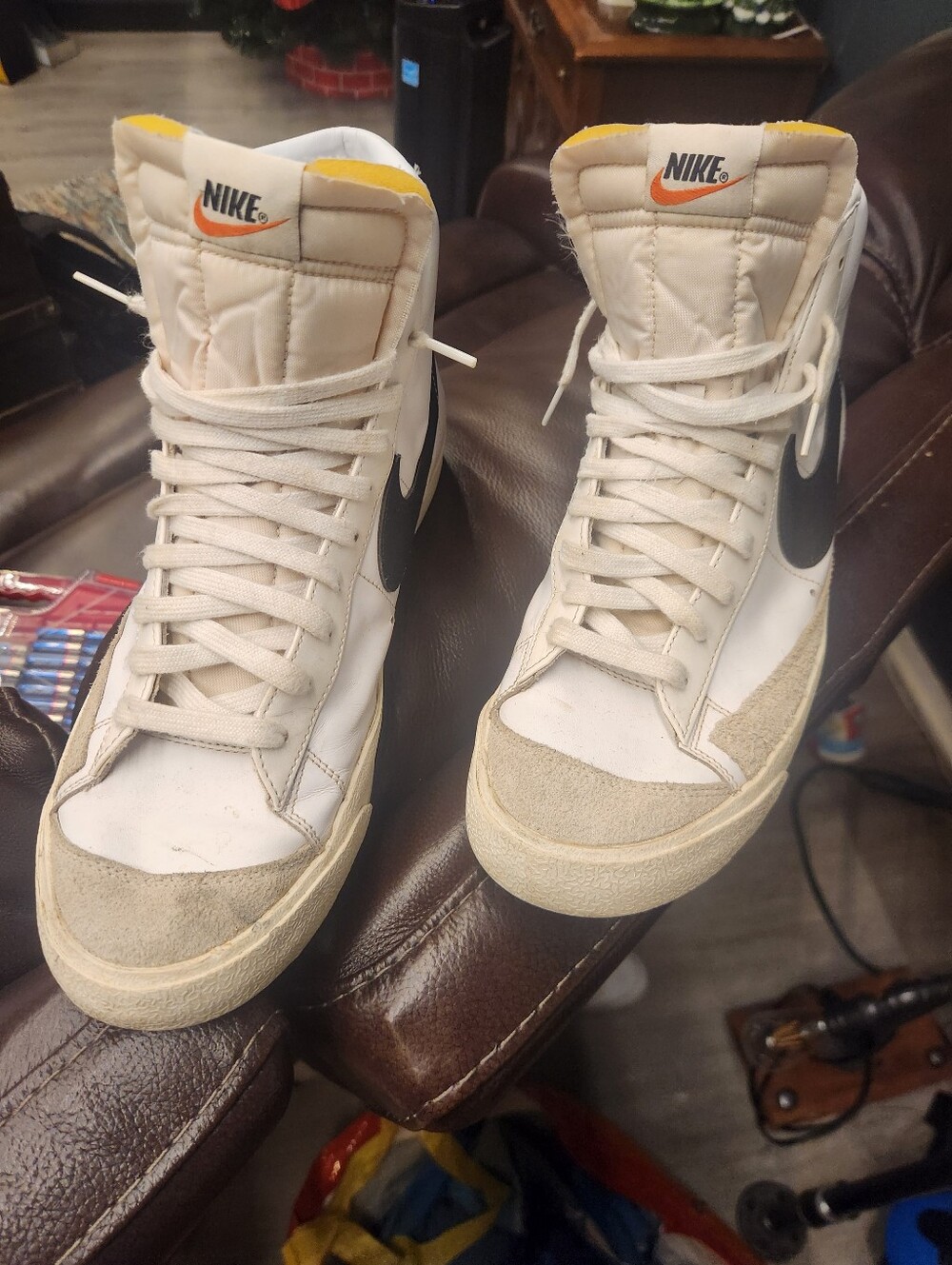 Nike Men’s White and Black High-Top Sneakers with Orange Logo Size 14